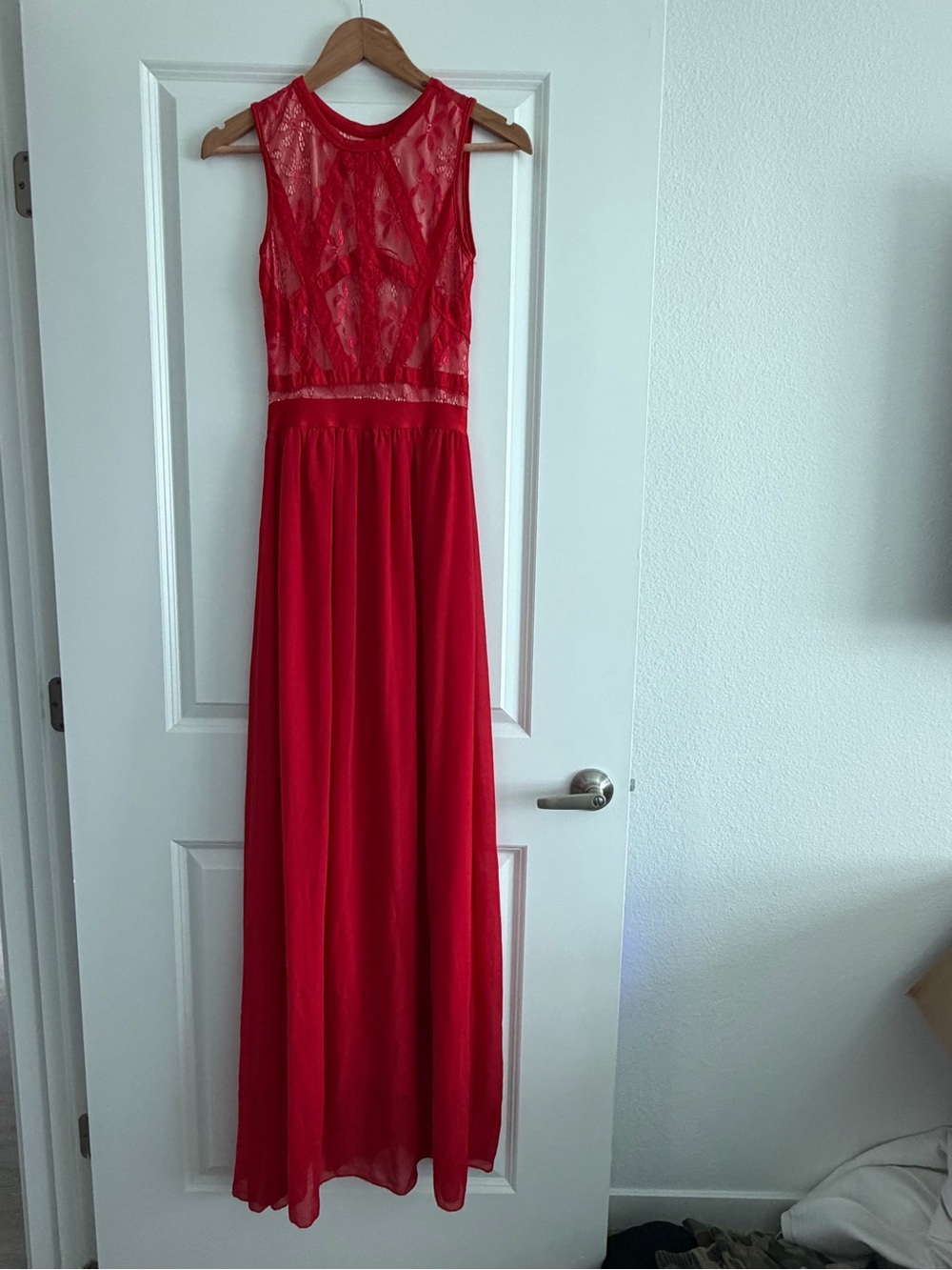 Red Sleeveless Lace Bodice Maxi Dress